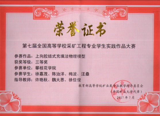 三等奖“上向胶结式充填法物理模型”荣誉证书